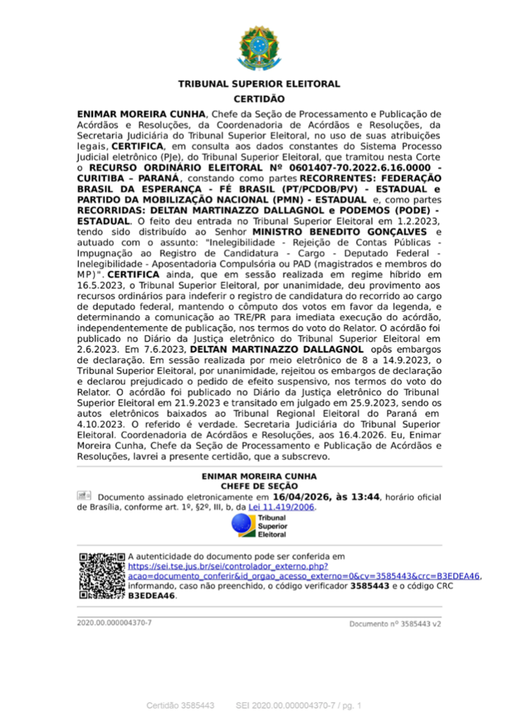 Documento oficial do TSE coloca ordem na corrida ao Senado no Paraná e corrige distorção entre conservadores