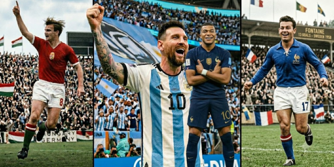 Os artilheiros Kocsis, Messi, Mbappé e Fontaine