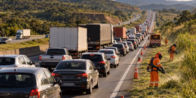 Operação de capina provocam congestionamento e revolta na BR-381 entre Betim e São Joaquim de Bicas