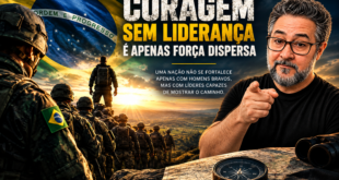 Ilustração sobre liderança e coragem no Brasil, com militares, bandeira brasileira e um homem diante de um mapa com bússola