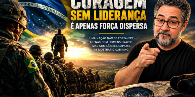 Ilustração sobre liderança e coragem no Brasil, com militares, bandeira brasileira e um homem diante de um mapa com bússola
