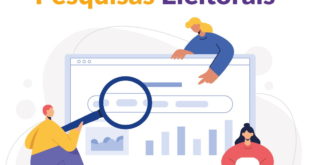 Pesquisas eleitorais: ilustração de pessoas analisando gráficos, dados e indicadores em uma tela com lupa